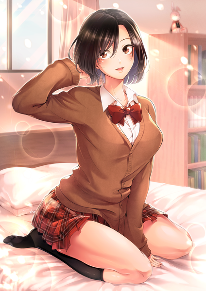 Anime picture 1447x2047 with original takao sho single tall image looking at viewer blush fringe short hair breasts black hair smile hair between eyes sitting brown eyes signed indoors parted lips pleated skirt lips sunlight