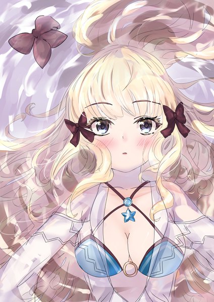 Anime picture 2315x3274 with princess connect! re:dive princess connect! saren (princess connect!) koura hata single long hair tall image looking at viewer blush fringe highres breasts blue eyes light erotic blonde hair large breasts payot upper body lying parted lips
