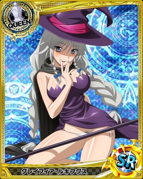 Anime picture 640x800 with highschool dxd grayfia lucifuge single long hair tall image looking at viewer blush light erotic braid (braids) grey hair grey eyes pantyshot card (medium) witch girl dress underwear panties bow hair bow