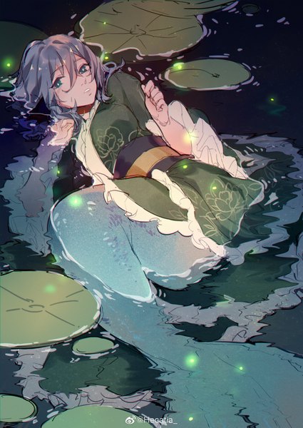 Anime picture 2508x3541 with touhou wakasagihime kagari6496 single tall image looking at viewer fringe highres short hair hair between eyes signed blue hair traditional clothes parted lips japanese clothes partially submerged monster girl afloat girl flower (flowers)