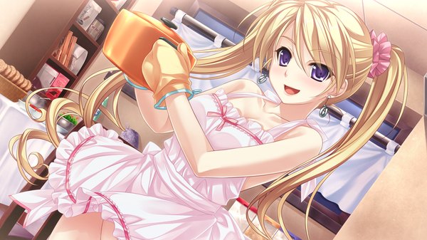 Anime picture 1024x576 with tsukumo no kanade skyfish (studio) long hair blush open mouth blonde hair wide image purple eyes twintails game cg naked apron girl gloves earrings