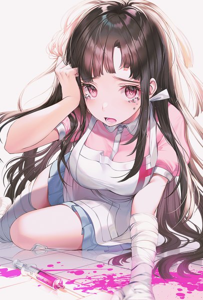 Anime picture 800x1181 with dangan ronpa super dangan ronpa 2 tsumiki mikan kinty single long hair tall image looking at viewer blush fringe open mouth black hair simple background red eyes payot pleated skirt mole arm support short sleeves puffy sleeves