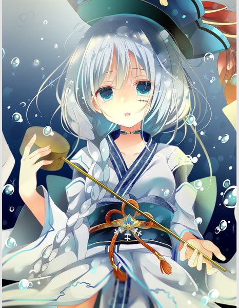 Anime picture 1000x1285 with sound voltex hiyuki-chan shiiba nae single long hair tall image looking at viewer open mouth silver hair braid (braids) aqua eyes single braid scar underwater hat removed headwear removed girl choker obi bubble (bubbles)