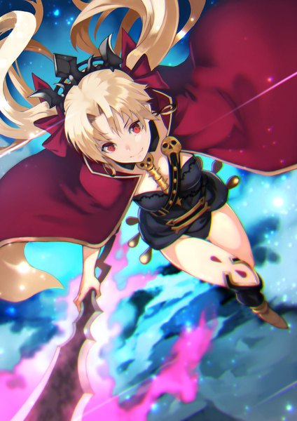Anime picture 1060x1500 with fate (series) fate/grand order ereshkigal (fate) yoshio (55level) single long hair tall image light erotic blonde hair red eyes looking away full body from above two side up glowing girl bow weapon hair bow cape