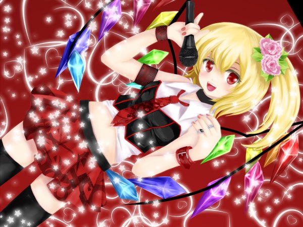 Anime picture 1200x900 with touhou flandre scarlet nekokotei long hair open mouth blonde hair red eyes hair flower one side up girl thighhighs skirt hair ornament black thighhighs miniskirt wings star (symbol) ring microphone wire (wires)