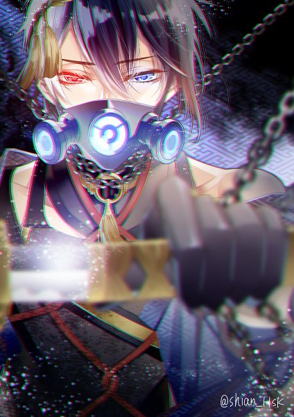 Anime picture 848x1200 with touken ranbu nitroplus mikazuki munechika shian single tall image looking at viewer fringe short hair blue eyes black hair hair between eyes red eyes bare shoulders holding signed upper body traditional clothes blurry depth of field