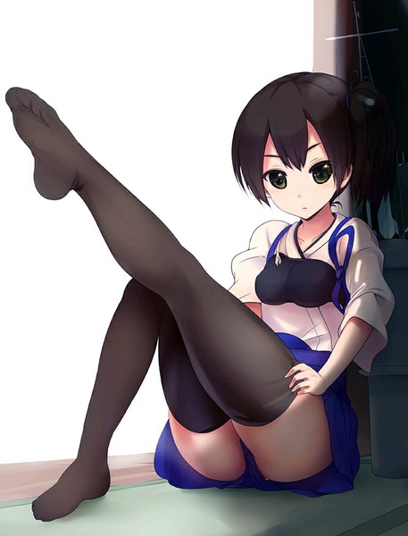 Anime picture 762x1000 with kantai collection kaga aircraft carrier sora to umi single tall image looking at viewer short hair light erotic black hair sitting ponytail traditional clothes japanese clothes black eyes pantyshot no shoes zettai ryouiki side ponytail pantyshot sitting leg lift (legs lift)