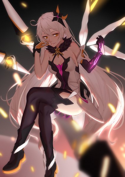 Anime picture 2480x3508 with honkai impact 3rd benghuai xueyuan honkai (series) kiana kaslana kiana kaslana (herrscher of the void) meng xi ds single long hair tall image fringe highres simple background smile hair between eyes sitting yellow eyes looking away cleavage silver hair full body