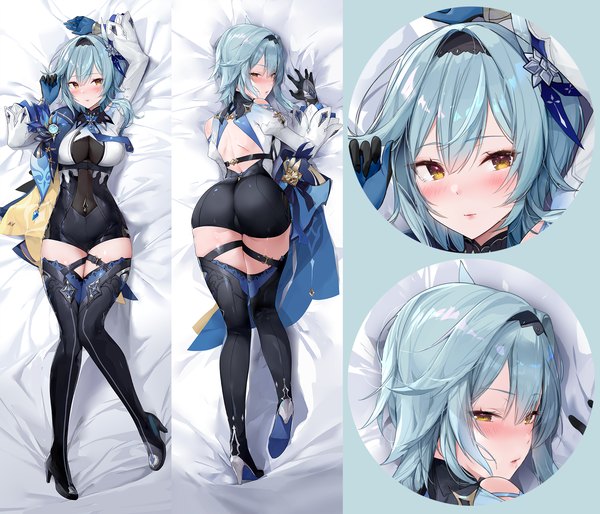 Anime picture 1750x1500 with genshin impact eula lawrence zi tong zhi lei long hair looking at viewer blush fringe highres breasts light erotic hair between eyes large breasts yellow eyes blue hair full body ass lying on back high heels multiview