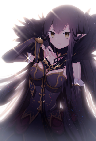 Anime picture 1420x2084 with fate (series) fate/grand order fate/apocrypha semiramis (fate) umeko 208 single long hair tall image looking at viewer black hair simple background white background yellow eyes upper body pointy ears sparkle adjusting hair girl dress detached sleeves