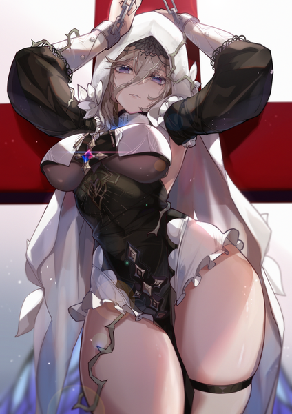 Anime picture 3000x4244 with honkai impact 3rd honkai (series) aponia (honkai impact) zombie-andy single long hair tall image looking at viewer fringe highres breasts light erotic blonde hair hair between eyes large breasts standing purple eyes long sleeves parted lips head tilt