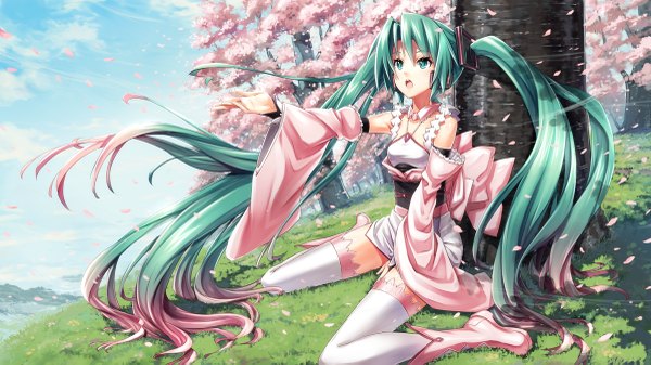 Anime picture 1200x675 with vocaloid hatsune miku gabiran single long hair open mouth wide image sitting twintails looking away sky cloud (clouds) aqua eyes aqua hair cherry blossoms girl thighhighs plant (plants) petals white thighhighs