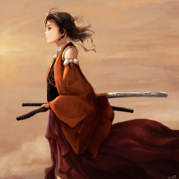 Anime picture 1200x1200 with original shiika sadamasa single short hair blue eyes brown hair profile girl weapon detached sleeves sword headphones