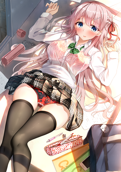 Anime picture 1447x2046 with original hiragi ringo single long hair tall image looking at viewer blush fringe open mouth blue eyes light erotic pink hair indoors lying blunt bangs braid (braids) from above sunlight shadow on back
