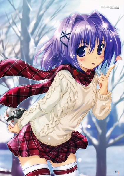 Anime picture 4913x7007 with komatsu eiji single tall image looking at viewer blush highres short hair blue eyes blue hair absurdres scan snowing winter :p valentine bare tree girl thighhighs skirt plant (plants)