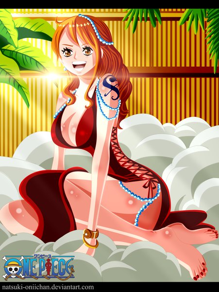 Anime picture 4000x5319 with one piece toei animation nami (one piece) natsuki-oniichan single long hair tall image fringe highres breasts open mouth light erotic smile large breasts sitting bare shoulders brown eyes signed payot looking away