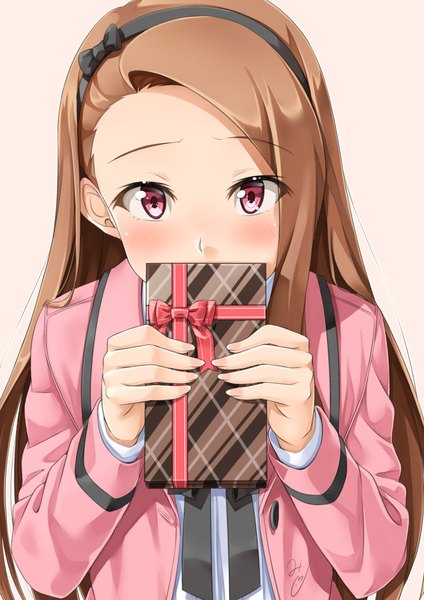 Anime picture 827x1169 with idolmaster minase iori miri (ago550421) single long hair tall image looking at viewer blush brown hair pink eyes covered mouth valentine girl hairband gift