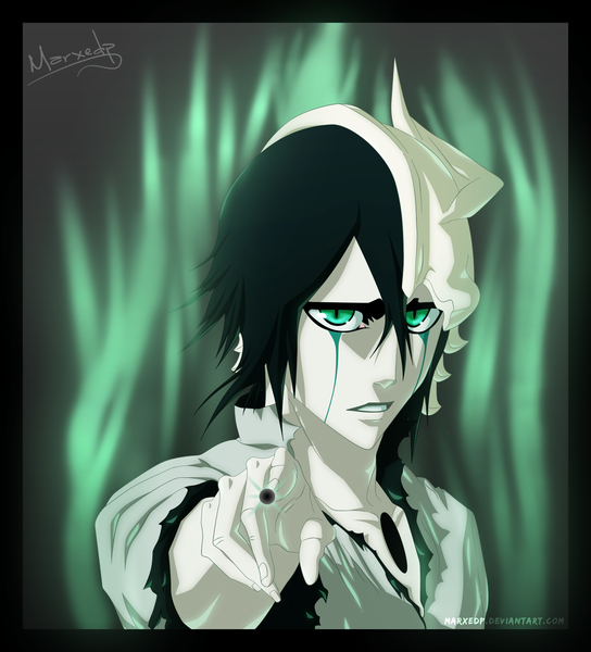 Anime picture 1950x2150 with bleach studio pierrot ulquiorra schiffer marxedp single tall image highres black hair green eyes japanese clothes coloring torn clothes magic framed face paint espada boy kimono mask