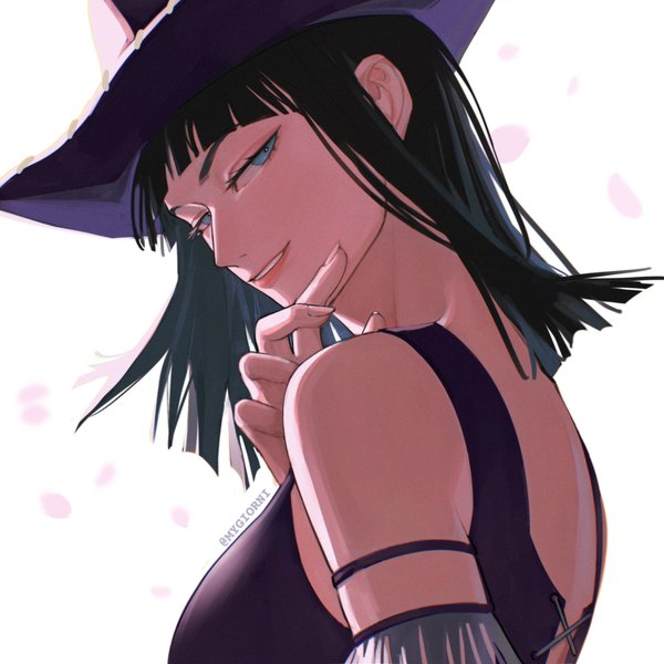 Anime picture 2000x2000 with one piece toei animation nico robin mygiorni single looking at viewer fringe highres short hair blue eyes black hair white background signed upper body blunt bangs twitter username turning head girl hat petals