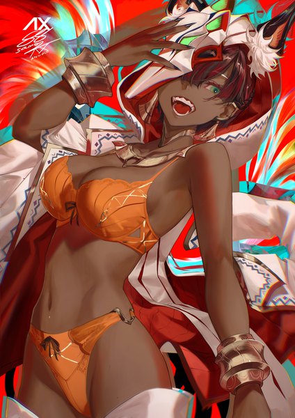 Anime picture 2480x3508 with original salmon88 single tall image looking at viewer fringe highres short hair breasts open mouth light erotic simple background hair between eyes brown hair large breasts standing green eyes signed braid (braids) nail polish