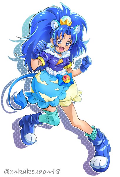Anime picture 2980x4370 with precure kirakira precure a la mode toei animation tategami aoi cure gelato ankake single long hair tall image highres open mouth blue eyes simple background white background signed animal ears blue hair full body bent knee (knees) ponytail