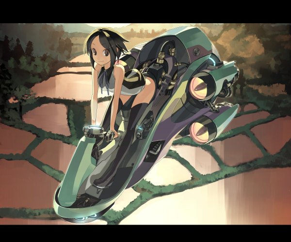 Anime picture 1200x1000 with original shihou (g-o-s) single short hair black hair brown eyes letterboxed flying mechanical girl thighhighs airplane