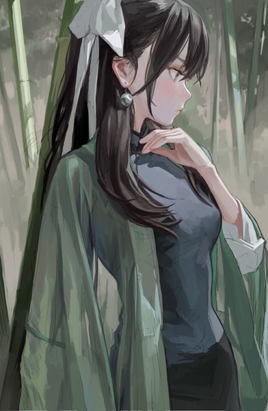 Anime picture 1000x1530 with original eyeball bracelet girl (fkey) fkey single long hair tall image blush fringe black hair standing brown eyes payot looking away outdoors long sleeves traditional clothes profile two side up chinese clothes bamboo forest