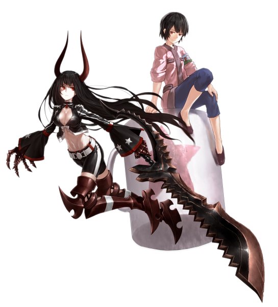 Anime picture 2400x2640 with black rock shooter black gold saw saya irino lain (rinlain) long hair tall image highres short hair black hair red eyes white background sitting multiple girls cleavage horn (horns) girl weapon 2 girls shorts belt