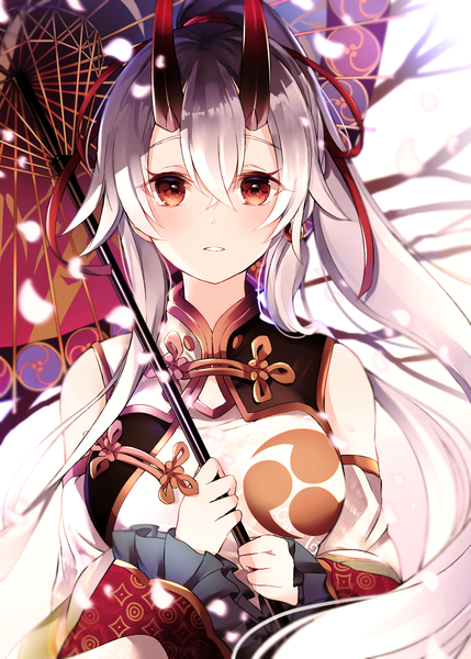 Anime picture 2590x3624 with fate (series) fate/grand order tomoe gozen (fate) kuro namako single long hair tall image looking at viewer blush fringe highres hair between eyes red eyes standing holding payot silver hair ponytail traditional clothes parted lips