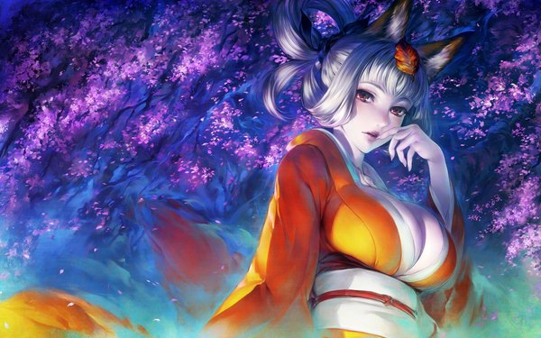 Anime picture 1920x1200 with oboro muramasa (game) vanillaware kongiku simosi single looking at viewer highres short hair breasts light erotic red eyes wide image large breasts cleavage silver hair traditional clothes japanese clothes fox ears finger to mouth fox girl