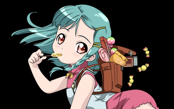 Anime picture 1920x1200 with simoun rimone single highres red eyes wide image looking away braid (braids) aqua hair loli wallpaper black background side braid girl food sweets candy lollipop backpack