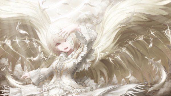 Anime picture 1600x900 with original rinmmo single looking at viewer fringe short hair open mouth blonde hair red eyes wide image standing upper body head tilt arm up sunlight wide sleeves angel wings girl dress wings