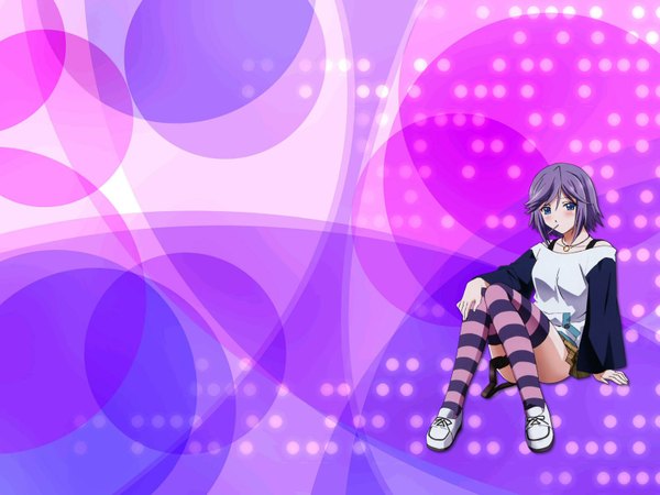 Anime picture 1600x1200 with rosario+vampire shirayuki mizore blush short hair blue eyes purple hair mouth hold girl thighhighs striped thighhighs locket