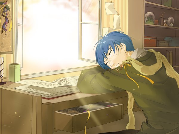 Anime picture 1200x900 with vocaloid kaito (vocaloid) single short hair sitting blue hair sky cloud (clouds) eyes closed sunlight back reclining sleeping boy shirt window book (books) cape shelf bookshelf