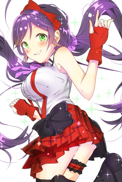 Anime picture 1378x2039 with love live! school idol project sunrise (studio) love live! toujou nozomi yuru mame single tall image looking at viewer blush fringe breasts light erotic simple background smile white background twintails bare shoulders green eyes purple hair very long hair