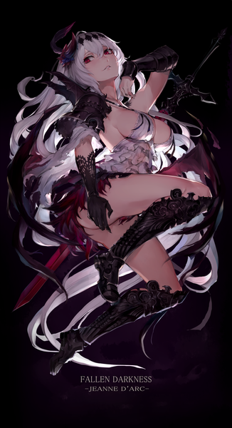 Anime-Bild 1099x2018 mit shingeki no bahamut granblue fantasy jeanne d'arc (granblue fantasy) dark jeanne watao single long hair tall image blush fringe breasts light erotic simple background hair between eyes red eyes looking away cleavage silver hair full body ass