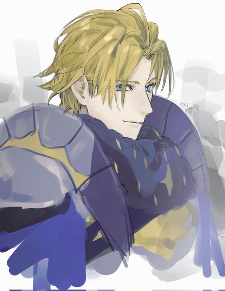 Anime picture 1582x2048 with fire emblem fire emblem: three houses fire emblem warriors: three hopes nintendo dimitri alexandre blaiddyd mr (mst 011) single tall image looking at viewer short hair blue eyes blonde hair smile signed upper body boy armor