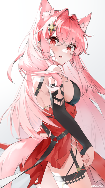 Anime picture 1275x2288 with arknights pozyomka (arknights) nitoron single long hair tall image looking at viewer blush fringe breasts light erotic simple background hair between eyes red eyes white background animal ears pink hair braid (braids) looking back sideboob