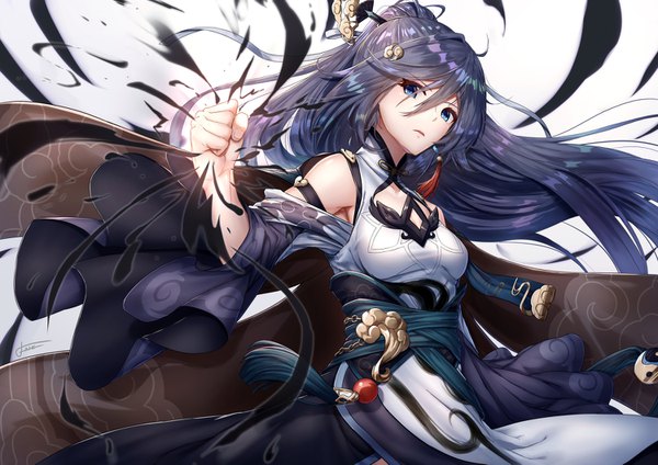 Anime picture 1500x1061 with honkai impact 3rd honkai (series) fu hua fu hua (azure empyrea) xfate single long hair looking at viewer fringe blue eyes simple background hair between eyes purple hair ponytail traditional clothes wide sleeves floating hair chinese clothes girl hair ornament