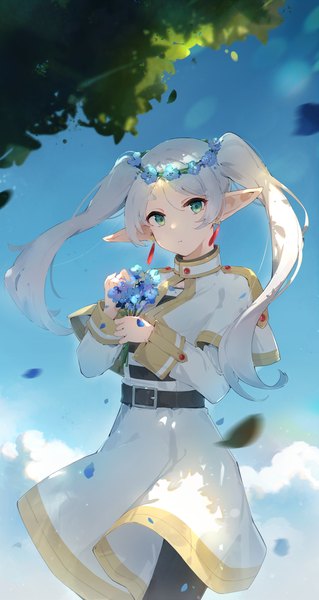 Anime picture 1888x3552 with sousou no frieren frieren bai-hyacinth single long hair tall image looking at viewer highres twintails green eyes sky silver hair cloud (clouds) outdoors wind elf girl flower (flowers) earrings bouquet