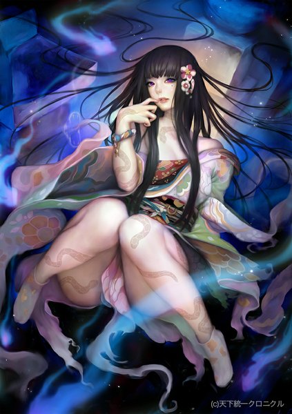 Anime picture 748x1061 with original mujiha (mlog) single long hair tall image looking at viewer black hair purple eyes traditional clothes japanese clothes hair flower mole tattoo finger to mouth weightlessness girl hair ornament flower (flowers) star (stars) obi