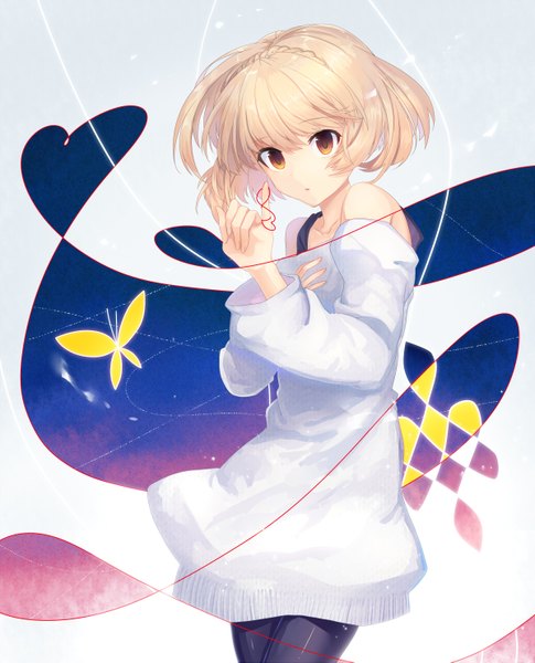 Anime picture 1200x1483 with pop'n music knit (pop'n music) yusano single tall image looking at viewer short hair blonde hair brown eyes girl sweater thread red thread