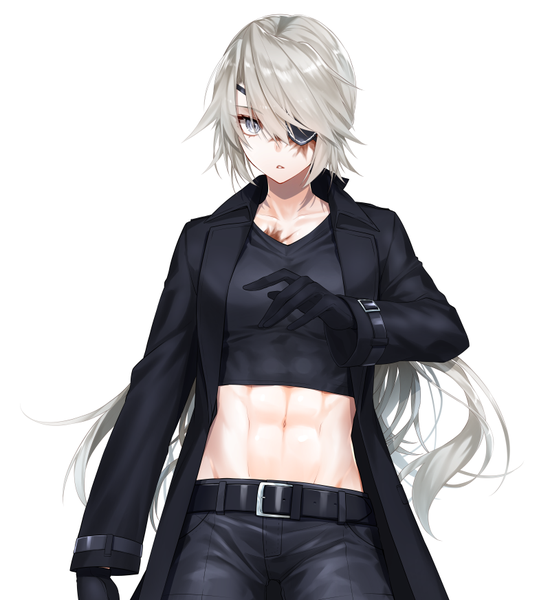 Anime picture 800x872 with original lydia macarthur waka (shark waka) single long hair tall image looking at viewer fringe open mouth simple background hair between eyes standing white background silver hair upper body long sleeves open clothes bare belly grey eyes scar