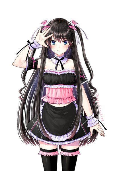 Anime picture 1080x1525 with virtual youtuber denpa (kazuharu kina) kazuharu kina single long hair tall image looking at viewer blush fringe breasts blue eyes black hair simple background smile hair between eyes standing white background bare shoulders signed arm up