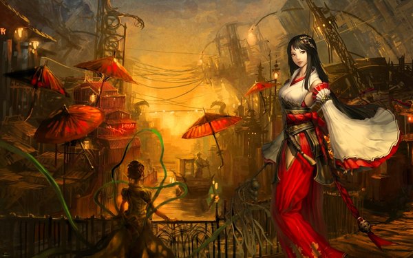 Anime picture 1920x1200 with atlantica online tagme (artist) long hair highres black hair wide image multiple girls long sleeves from behind black eyes city evening sunset girl dress ribbon (ribbons) 2 girls detached sleeves building (buildings) umbrella