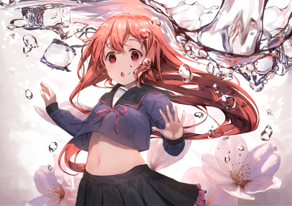 Anime picture 1600x1133 with kantai collection uzuki destroyer daitai sotogawa (futomomo) single long hair looking at viewer fringe open mouth hair between eyes red eyes pink hair long sleeves pleated skirt midriff floating hair underwater girl skirt uniform flower (flowers)
