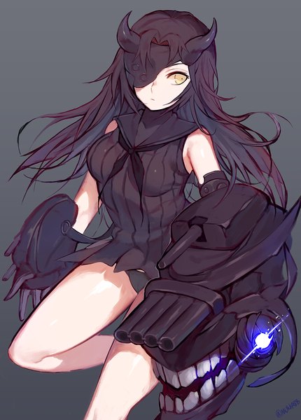 Anime picture 932x1300 with kantai collection light cruiser hime mukka single long hair tall image fringe light erotic black hair simple background standing signed yellow eyes looking away bent knee (knees) horn (horns) grey background pantyshot sleeveless floating hair