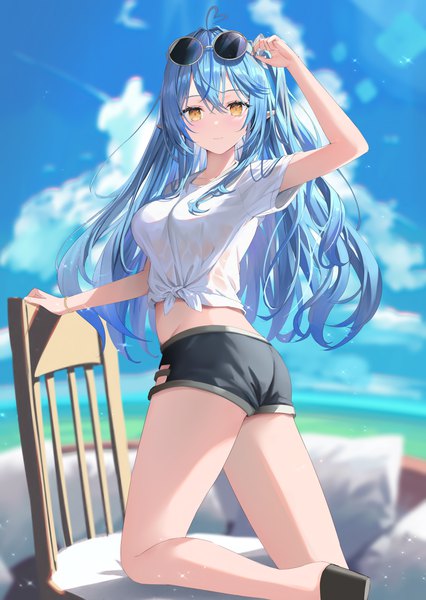 Anime picture 2895x4080 with virtual youtuber hololive yukihana lamy rin yuu single long hair tall image looking at viewer fringe highres breasts hair between eyes standing yellow eyes blue hair sky cloud (clouds) ahoge outdoors arm up