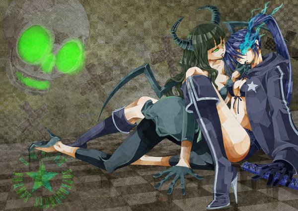 Anime picture 1500x1060 with black rock shooter vocaloid black rock shooter (character) dead master sakura (superbunnys) light erotic twintails cleavage shoujo ai girl dress gloves