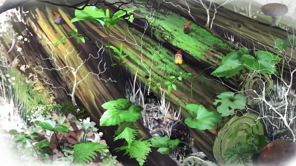 Аниме картинка 1200x674 с hirokiku короткие волосы каштановые волосы широкое изображение фиолетовые волосы спина природа мини-девочка девушка растение (растения) шляпа дерево (деревья) трава гриб (грибы)